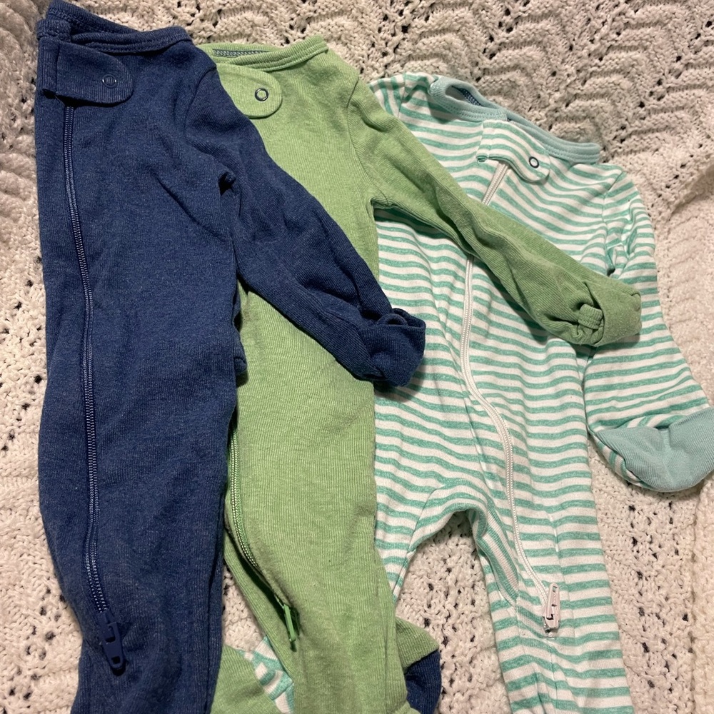 3 piece set of footed, double zippered sleepers, with built in mittens